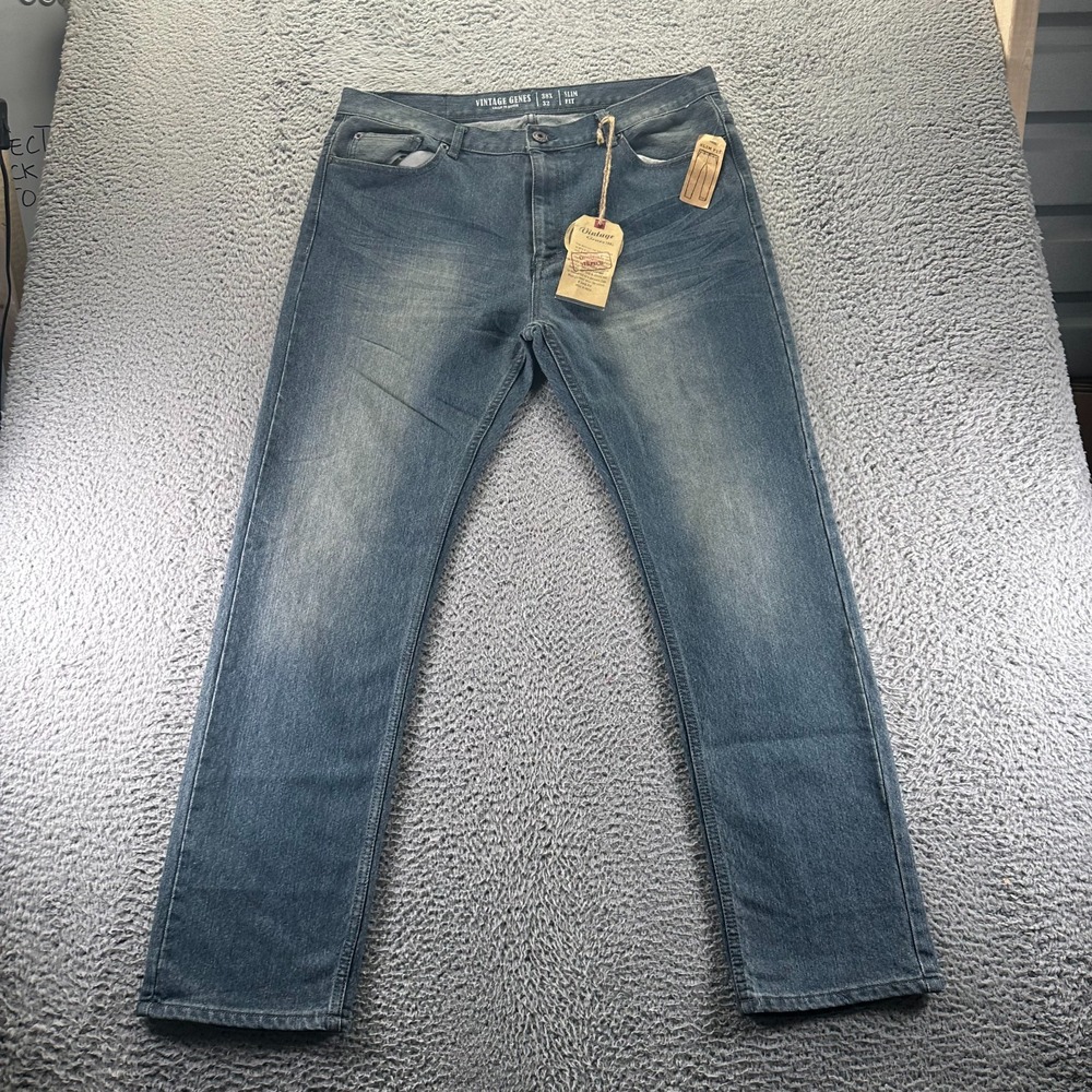 Vintage Genes Jeans Mens 38x32 Blue Denim Straight Workwear Slim Fit Stretch